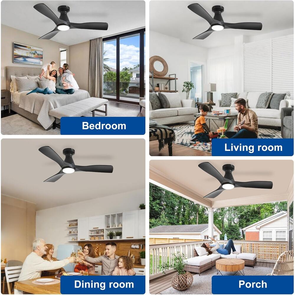 42-Inch Ceiling Fan, Black 3 Blade Flush Mount, Dimmable Indoor Outdoor, Remote - Picture 5 of 7